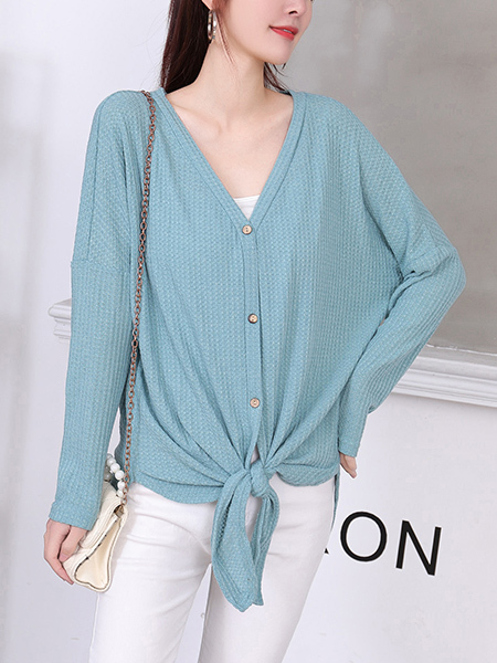 Blue Knitted Plus Size Long Sleeve Button Down Top for Casual Party Office