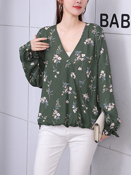 Olive Green and Colorful Blouse Floral V Neck Long Sleeve Top for Casual Party Office