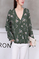 Olive Green and Colorful Blouse Floral V Neck Long Sleeve Top for Casual Party Office
