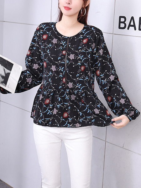 Black and Colorful Blouse Long Sleeve Floral Top for Casual Party Office