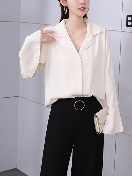 White Button Down Long Sleeve Blouse Top for Casual Party Office Evening