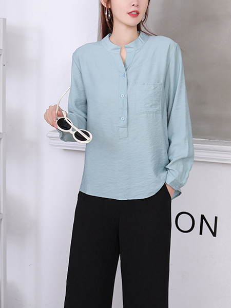 Blue Blouse Pocket Long Sleeve Button Down Top for Casual Party Office