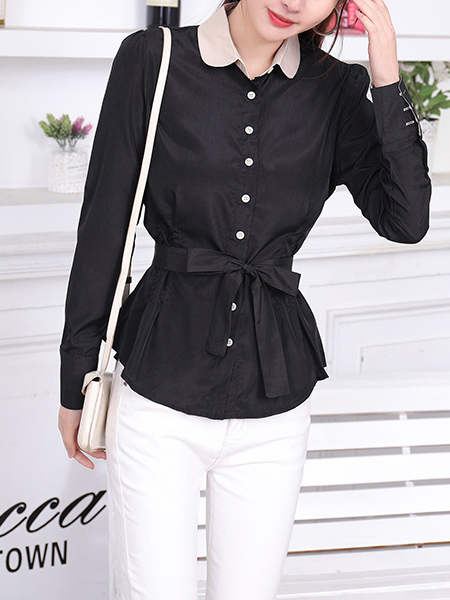 Black and Coffee Button Down Blouse Long Sleeve Plus Size Top for Casual Party Office