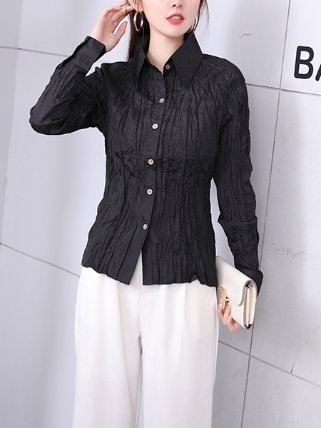 Black Button Down Long Sleeve Blouse Top for Casual Party Office