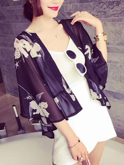 Black and White Swallowtail Butterfly Printed Sun Protection See-Through Flare Sleeve Cardigan for Casual