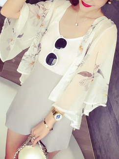 White Swallowtail Butterfly Printed Sun Protection See-Through Flare Sleeve Cardigan for Casual