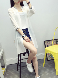 White Chiffon Medium-Long Contrast Linking Stand Collar See-Through Cardigan for Casual