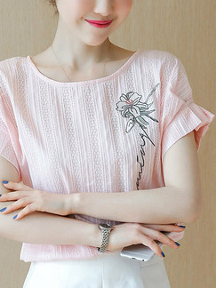 Pink Plus Size Loose Round Neck Embroidery Bat Sleeve Furcal Side Top for Casual