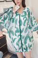 White and Green Plus Size Loose Printed Hooded Drawstring Linking Stripe See-Through Coat for Casual