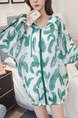 White and Green Plus Size Loose Printed Hooded Drawstring Linking Stripe See-Through Coat for Casual
