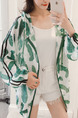 White and Green Plus Size Loose Printed Hooded Drawstring Linking Stripe See-Through Coat for Casual