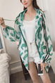 White and Green Plus Size Loose Printed Hooded Drawstring Linking Stripe See-Through Coat for Casual