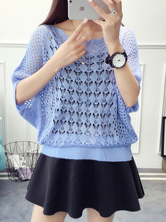 Blue Loose Knitting Round Neck Cutout Bat Sleeve Lace Sweater for Casual Party