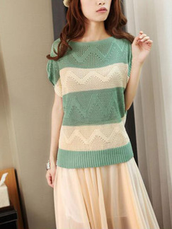 Green and Beige Loose Knitting Round Neck Contrast Linking Cutout Sweater for Casual