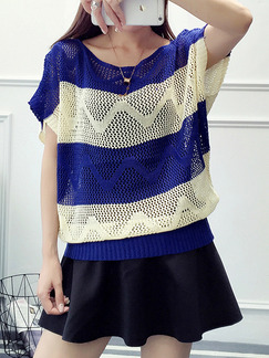 Blue and Beige Loose Knitting Round Neck Contrast Linking Cutout Sweater for Casual