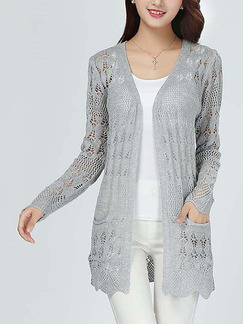 Grey Loose Knitting Cutout Pockets Cardigan Long Sleeve Sweater for Casual Office