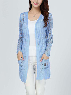Blue Loose Knitting Cutout Pockets Cardigan Long Sleeve Sweater for Casual Office