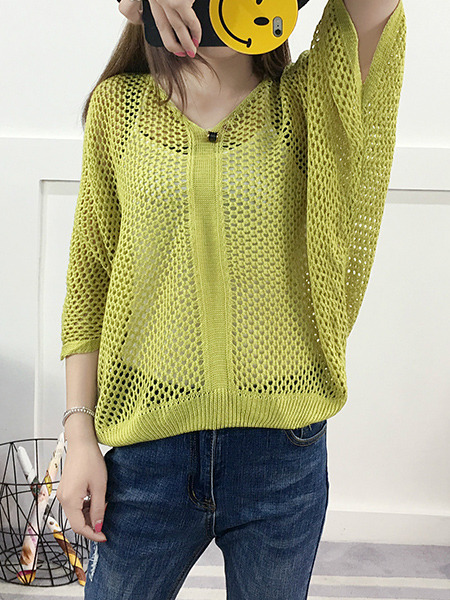 Yellow Green Loose Knitting Cutout V Neck Bat Sleeve Sweater for Casual