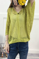 Yellow Green Loose Knitting Cutout V Neck Bat Sleeve Sweater for Casual