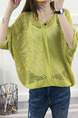 Yellow Green Loose Knitting Cutout V Neck Bat Sleeve Sweater for Casual
