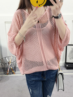 Pink Loose Knitting Cutout V Neck Bat Sleeve Sweater for Casual