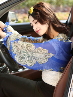 Blue and Beige Chiffon Printed See-Through Shawl Polyester Scarf