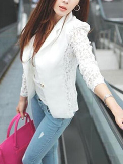 White Slim Lapel Linking Lace See-Through Long Sleeve Coat for Casual Office Evening