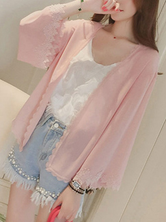 Pink Plus Size Loose Linking Lace Flare Sleeve Cardigan Long Sleeve Coat for Casual