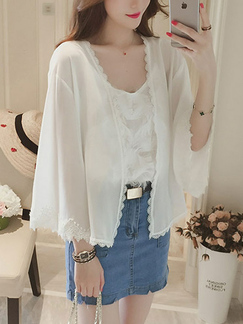 White Plus Size Loose Linking Lace Flare Sleeve Cardigan Long Sleeve Coat for Casual