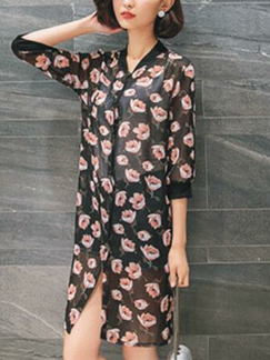 Black and Pink Chiffon Slim H-Shaped Printed Stand Collar See-Through Floral Coat for Casual Party