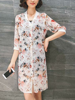 White Colorful Chiffon Slim H-Shaped Printed Stand Collar See-Through Floral Coat for Casual Party