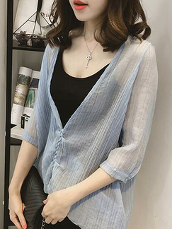 Blue Two-Piece Plus Size Loose Sling V Neck Buttons See-Through Coat for Casual Office