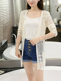 White Knitting Slim Cutout Pockets Long Sleeve Coat for Casual