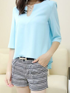 Blue Loose Pure Color Shirt Top for Casual Office