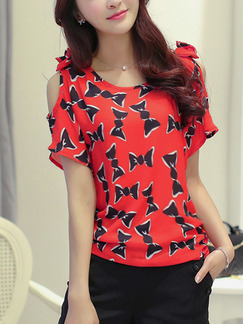 Red and Black Slim Printed Off-Shoulder T-Shirt Top for Casual Party