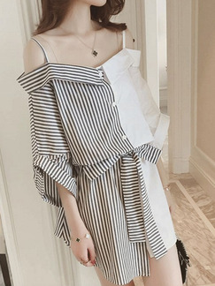 White and Black Slim Stripe Band Above Knee Slip Off Shoulders Plus Size Dress for Casual Party