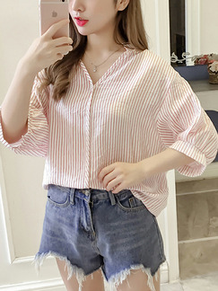 Red and White Loose Stripe Shirt V Neck Top for Casual Party