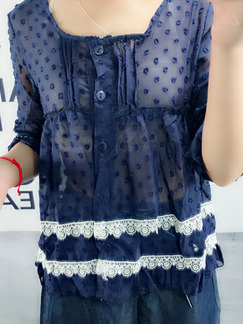 Navy Blue Loose See-Through Laced Shirt Top for Casual Party