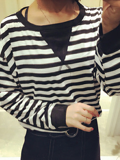 Black and White Loose Contrast Stripe T-Shirt Long Sleeve Top for Casual