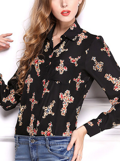 Black Colorful Loose Printed Shirt Long Sleeve Plus Size Top for Casual Office Party