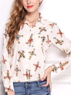 White Colorful Loose Printed Shirt Long Sleeve Plus Size Top for Casual Party Office