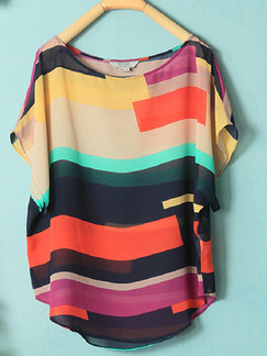 Colorful Loose Stripe Bat Shirt Plus Size Top for Casual Party