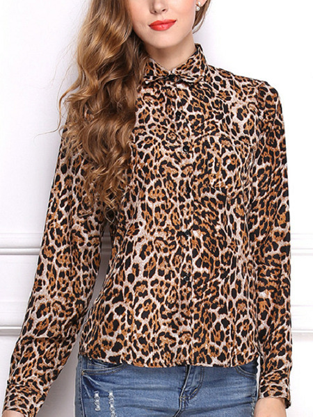 Colorful Loose Leopard Shirt Long Sleeve Top for Casual Office Evening Party