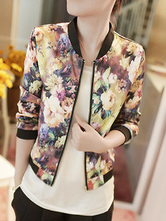Colorful Slim Printed Stand Collar Coat Floral Long Sleeve Plus Size Coat for Casual