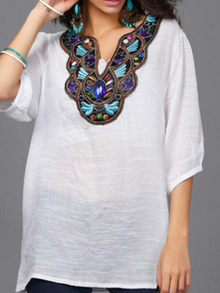 White Loose Embroidery T-shirt Top for Casual Party
