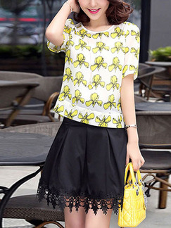 White and Yellow Colorful Slim Printed T-shirt Top for Casual Party