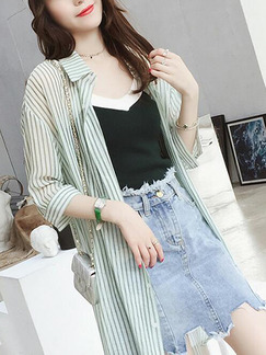 Light Green Loose Stripe Furcal Shirt Top for Casual Party