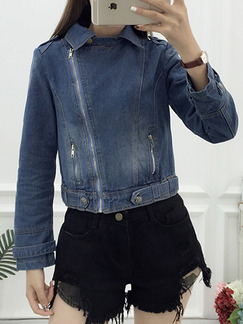 Navy Blue Loose Denim Zipper Long Sleeve Coat for Casual Party