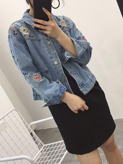 Light Blue Loose Denim Embroidery Long Sleeve Coat for Casual