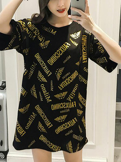 Black and Golden Loose Contrast Letter T-Shirt Plus Size Top for Casual Party